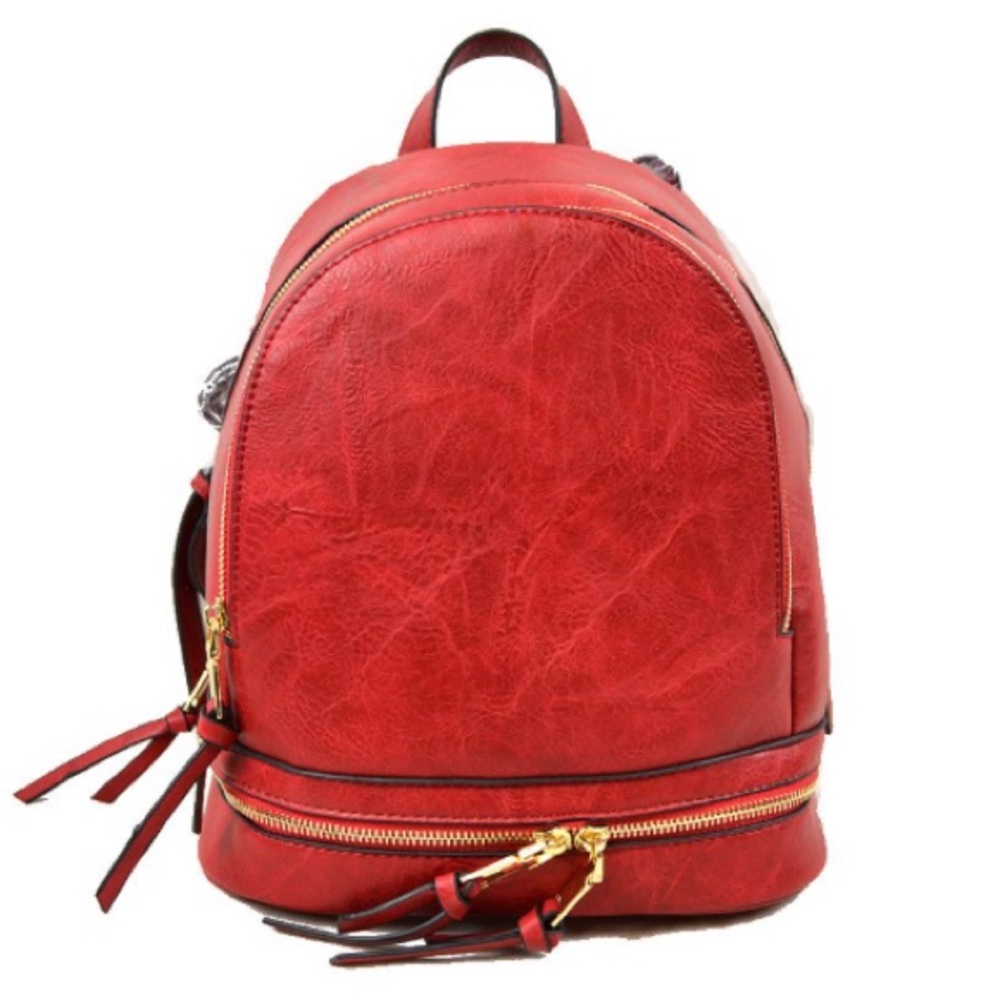 Red Faux Leather 3 Zipper Backpack